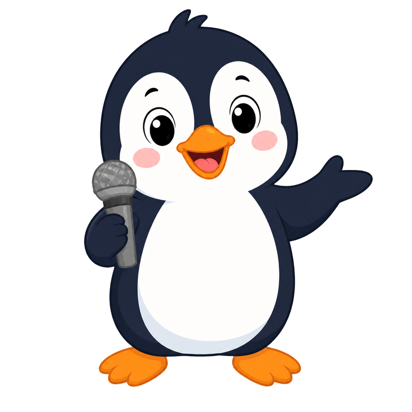 Don the penguin holding a microphone